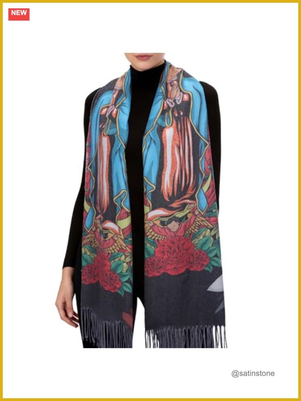 Religious Virgin Mary Prayer Shawl Scarf Wrap Pashmina Faux Cashmere Tassels